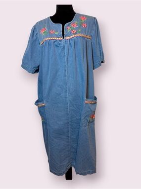 Go Softly Patio Floral Embroidered Chambray Midi Dress Size XL